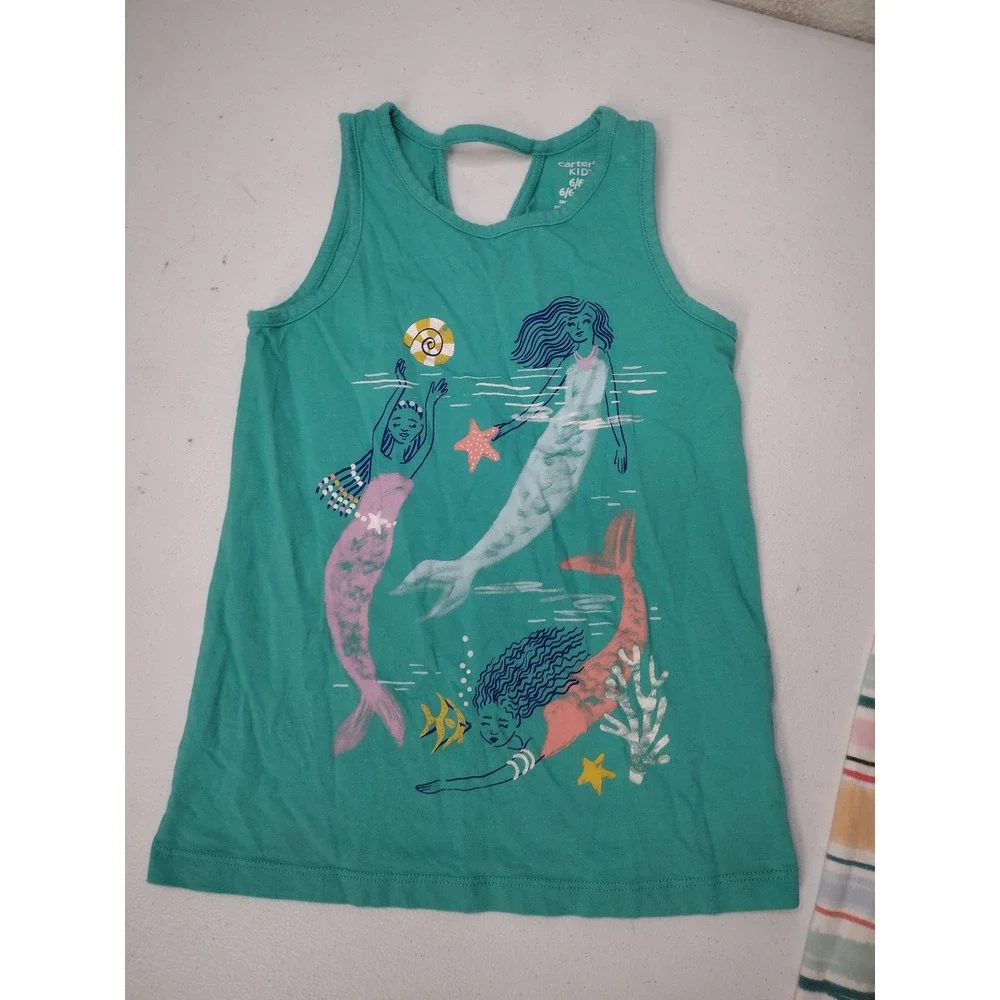 Carters Kid Girls 6/6X Mermaid Tank Top and Striped Leggings 2-Piece Set Teal